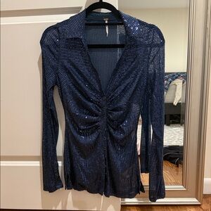 Free People Sequin Shirtee Navy Blouse
